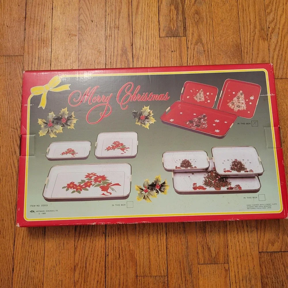 Lacquer 3pc Serving Tray Set Red Christmas Tree Vintage 1985 Retro‎ Home Decor